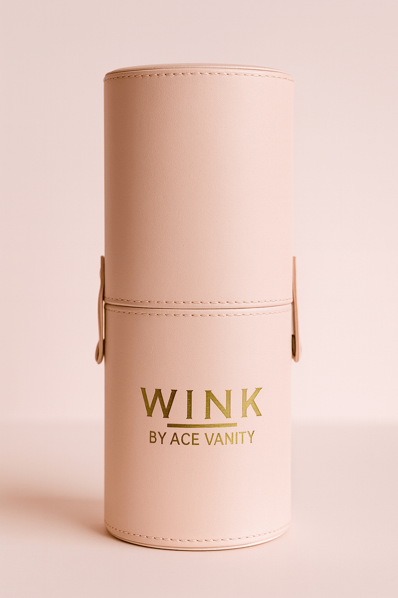 WINK Signature Brush Holder | Travel-Friendly Pink Leatherette Case